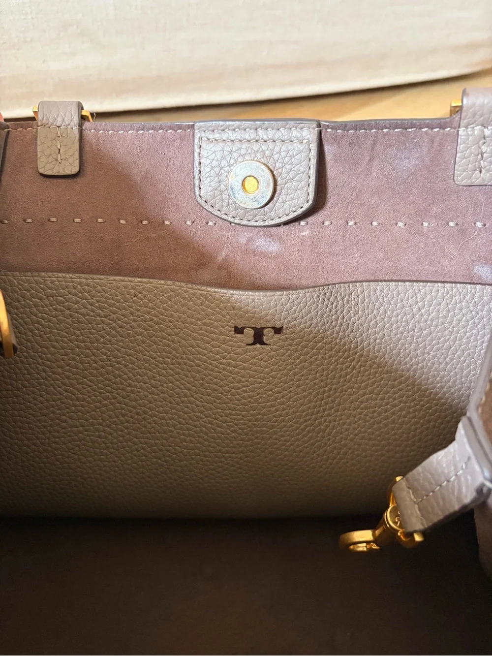 Tory Burch Taupe Pebbled Leather Shoulder Bag
